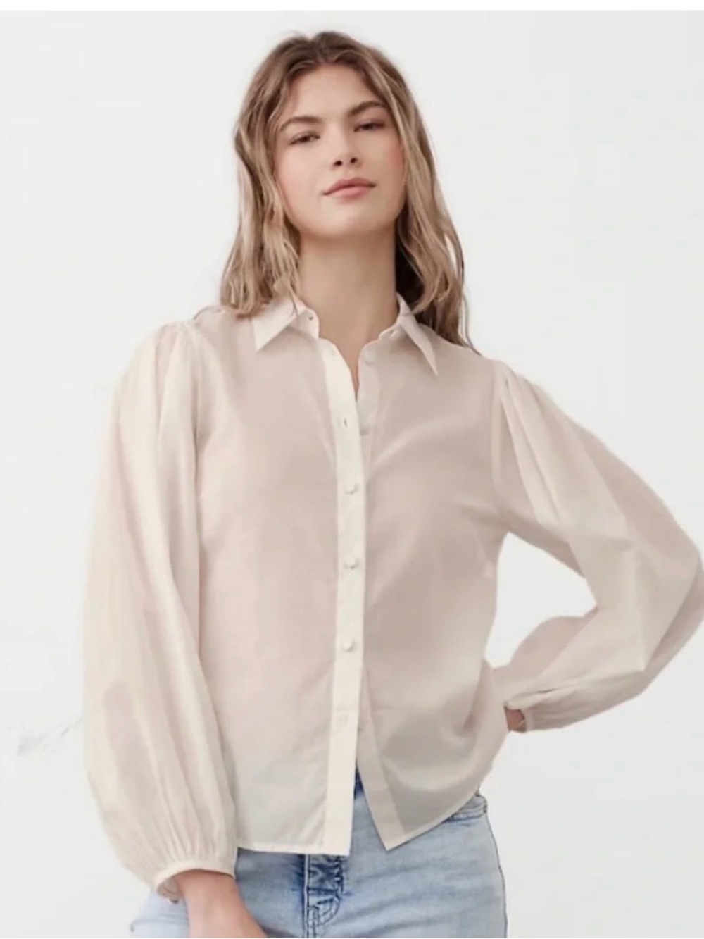 Banana Republic Sheer Linen Puff-Sleeve Button-Down Shirt - Cream